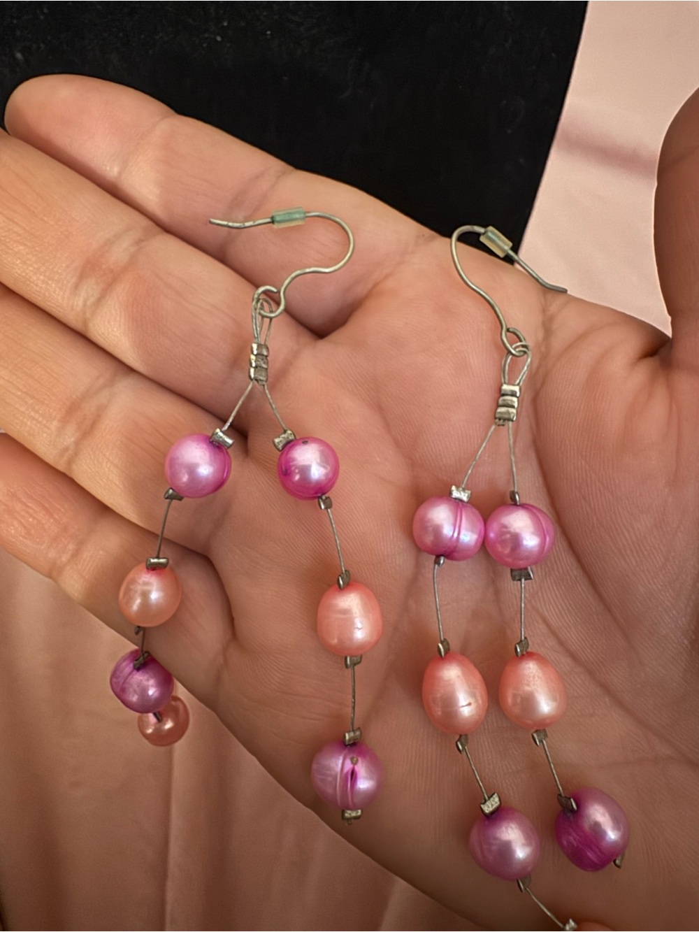 Pink/peach Drop Pearl Earrings - Picture 2 of 2